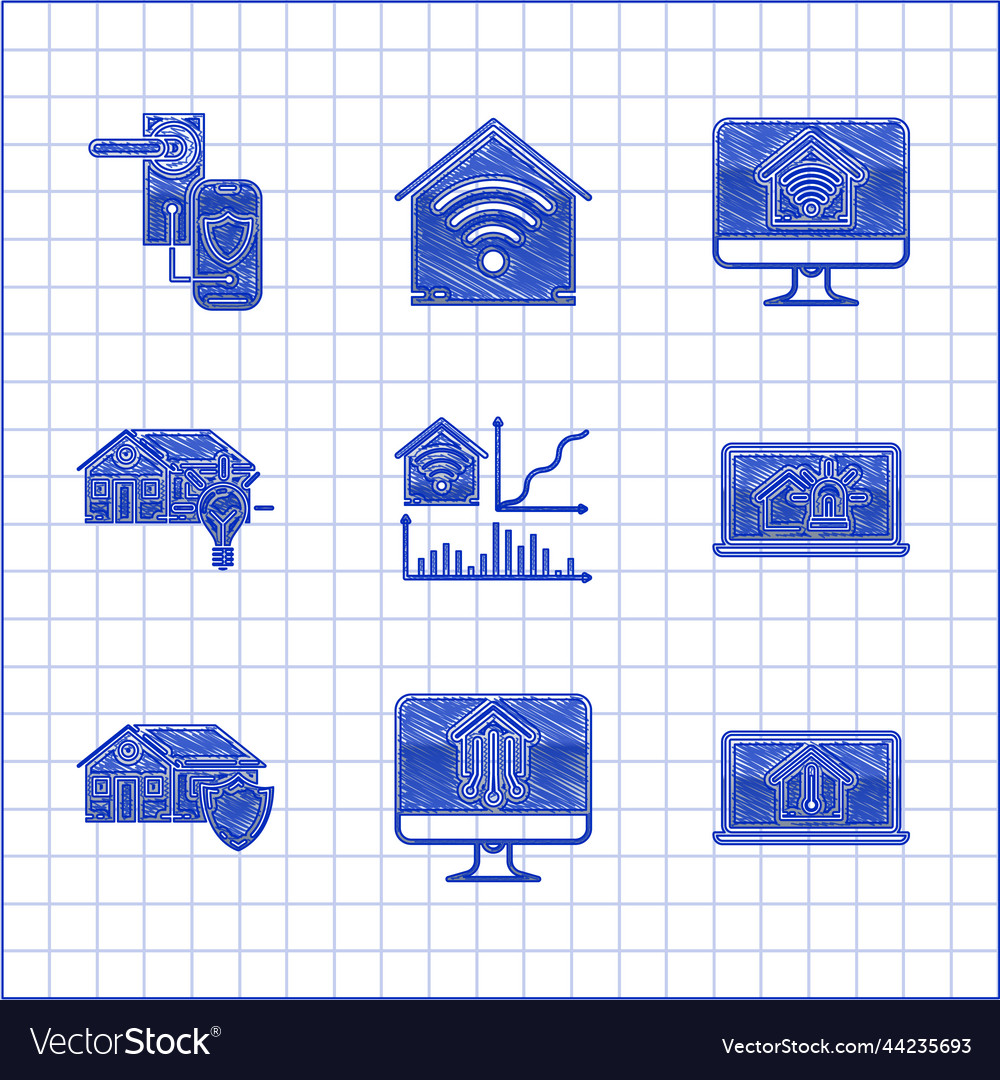 Set smart home with wi-fi computer monitor vector image Set smart home with wi-fi computer monitor
