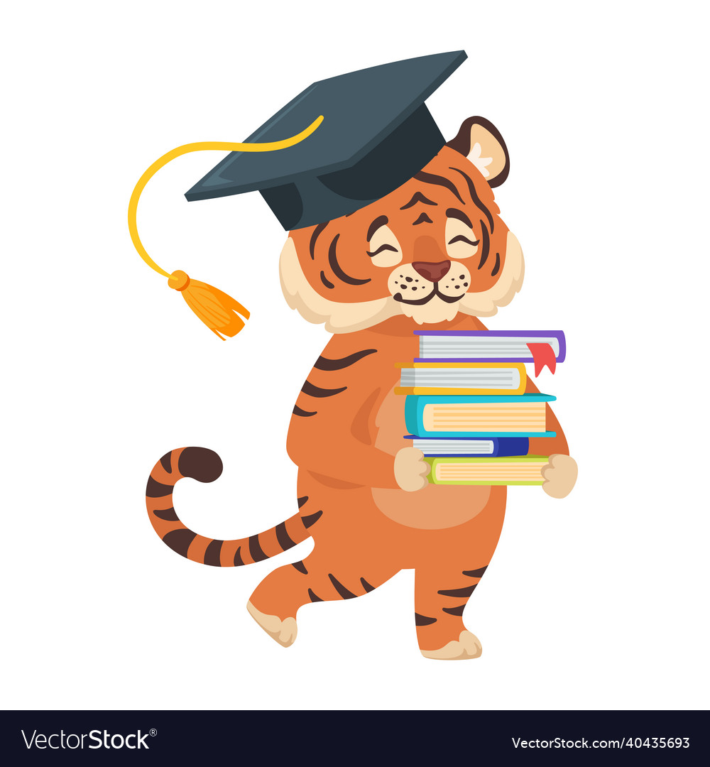 Tiger student holding books with graduate cap