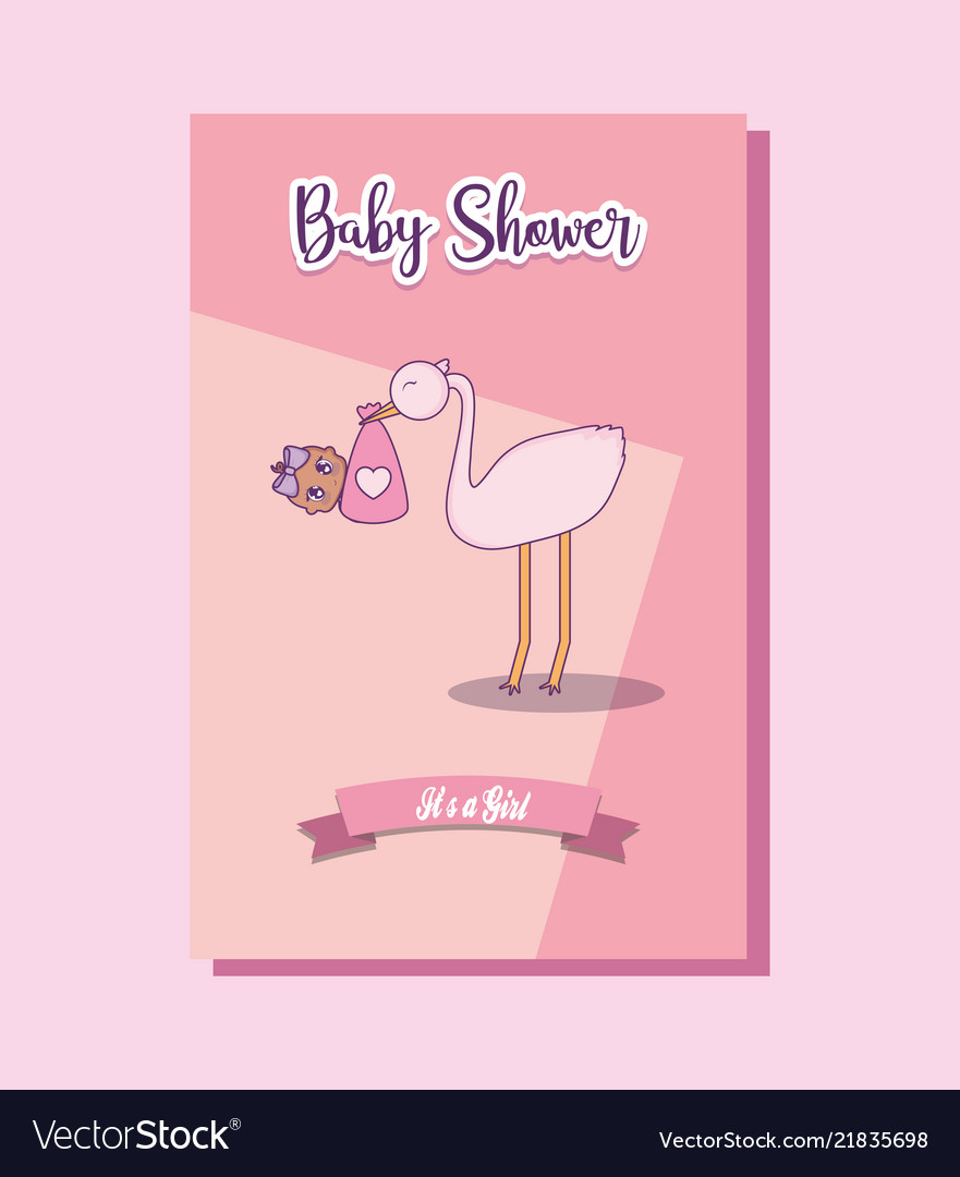 Baby shower card with little girl and stork