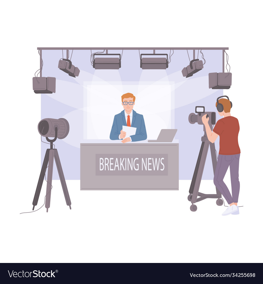 Breaking news tv studio with videographer - flat Vector Image