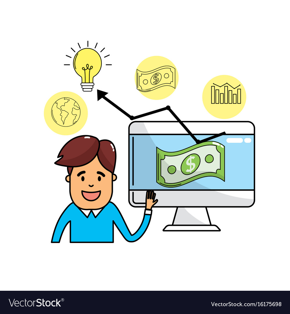 Businessman with computer and statistics bar