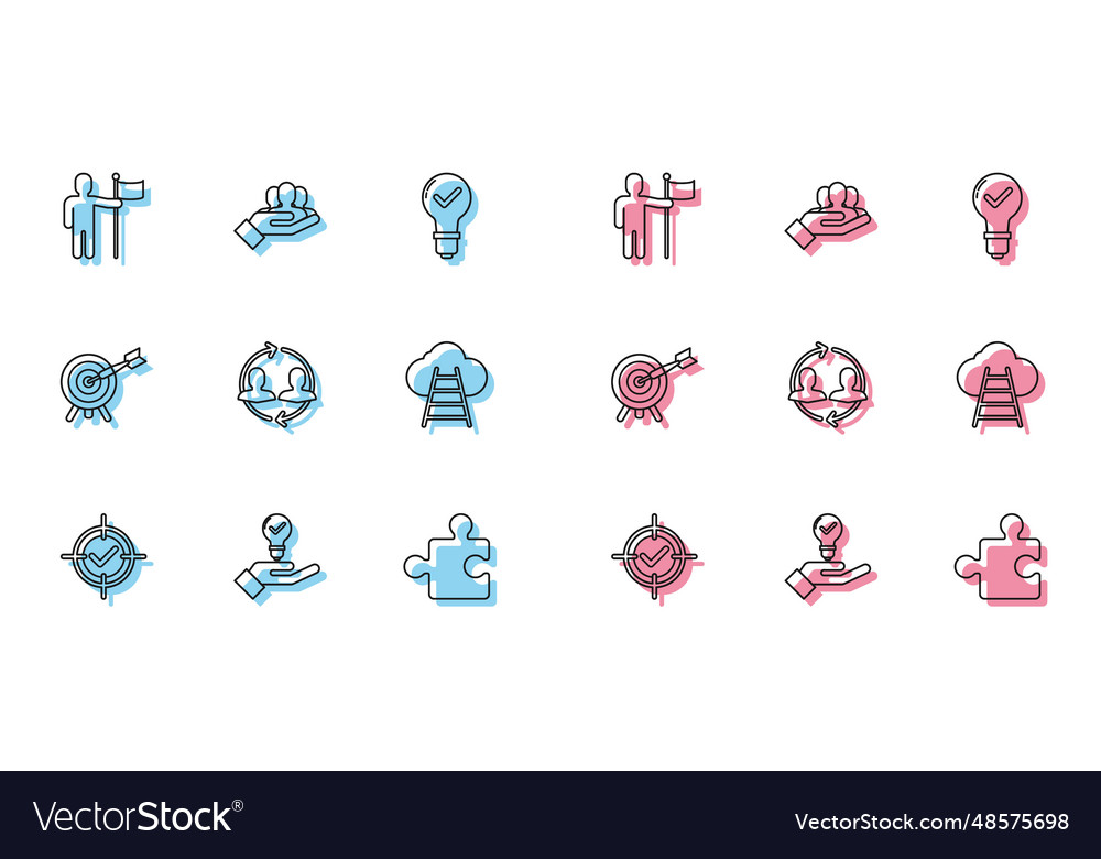 Set line target and check mark light bulb in hand vector image Set line target and check mark light bulb in hand