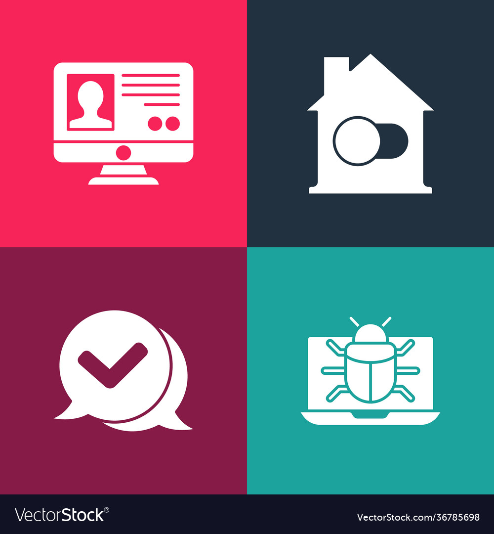 Set pop art system bug on monitor check mark vector image Set pop art system bug on monitor check mark