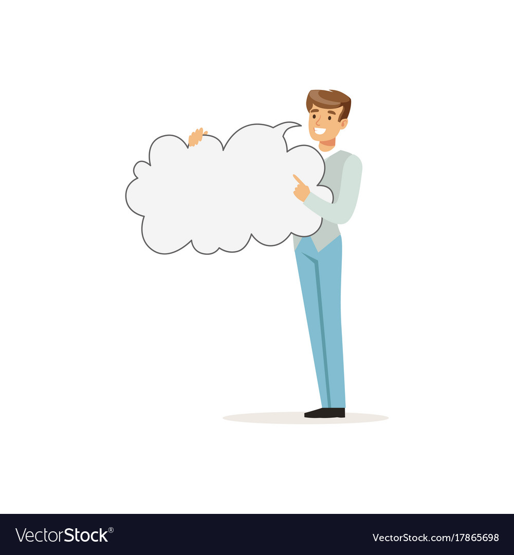 Smiling man character with empty message board