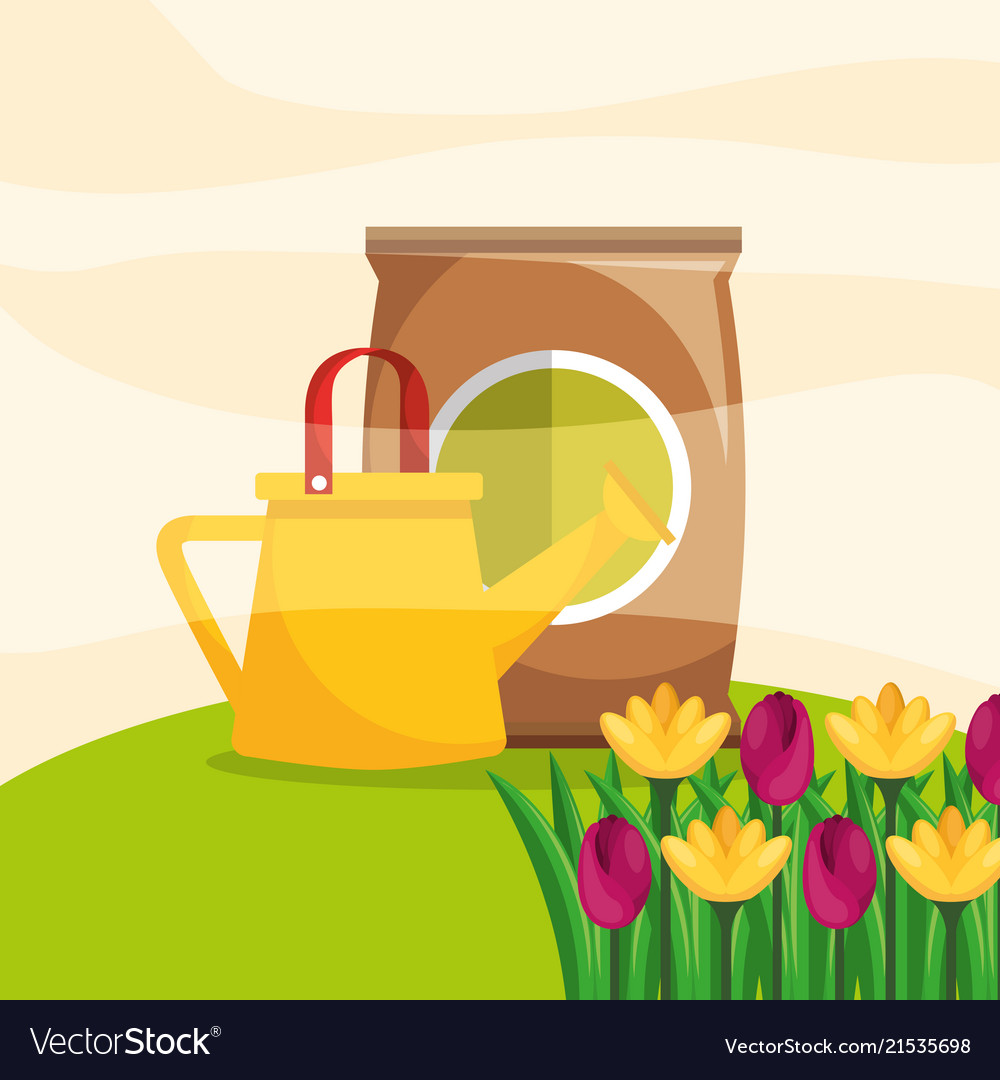 Watering can with bucket and flower garden