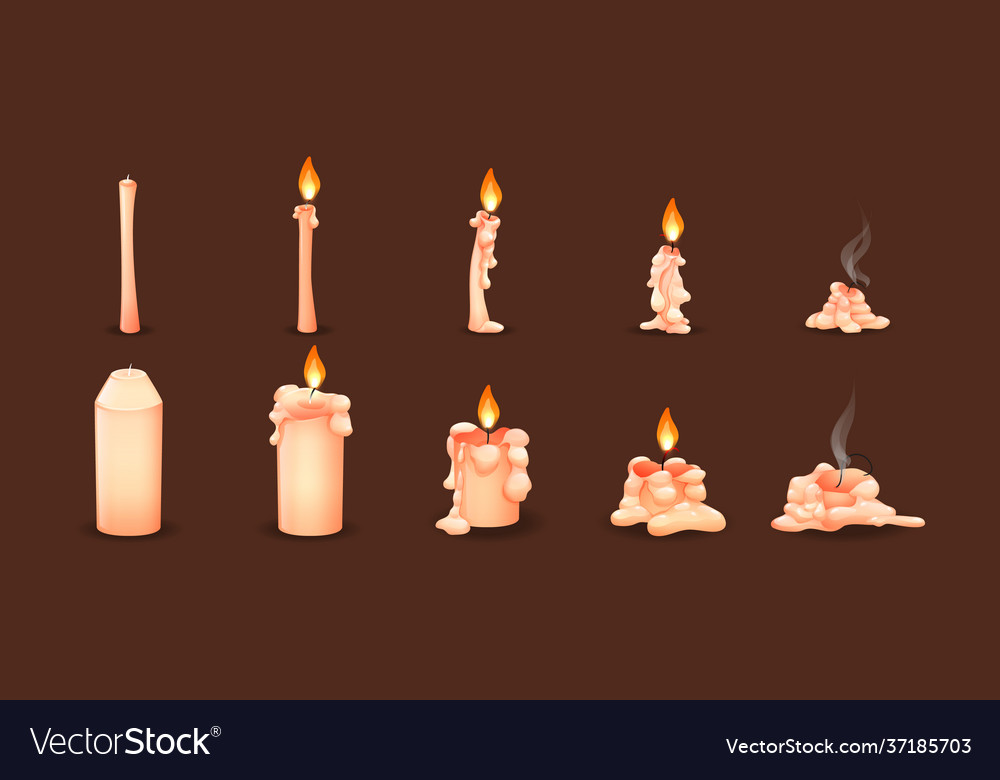 Cartoon burning wax candles on different