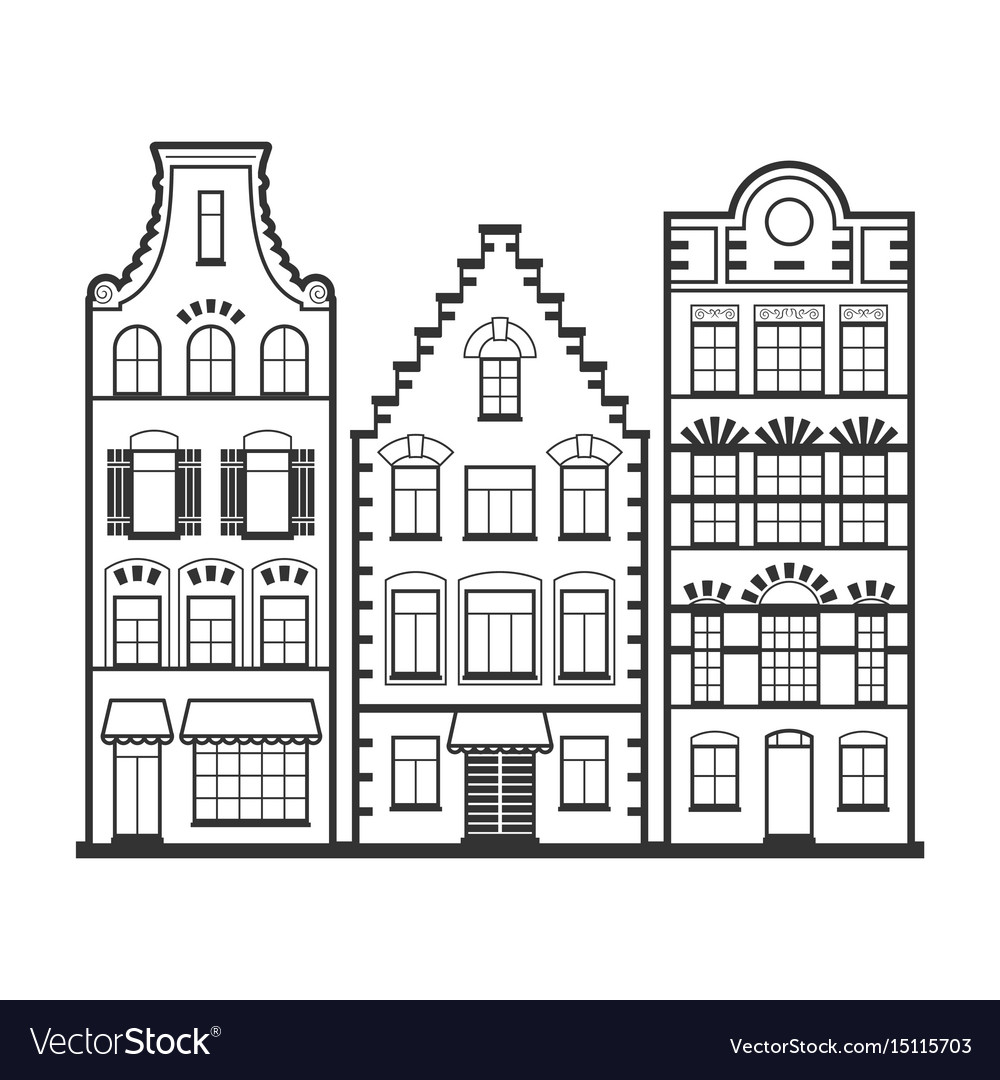 Set of 3 line style amsterdam old houses facades