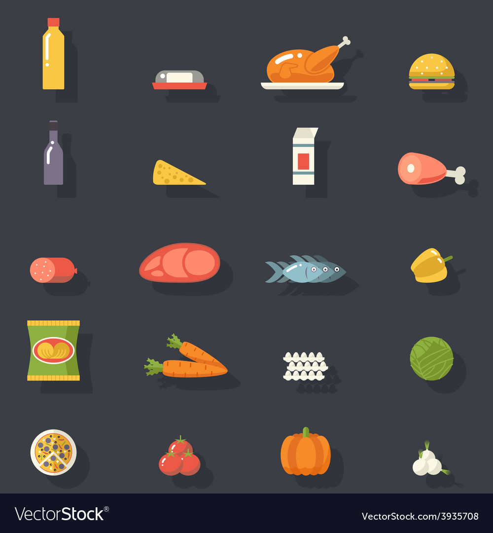 Food icons set meat fish vegetables drinks