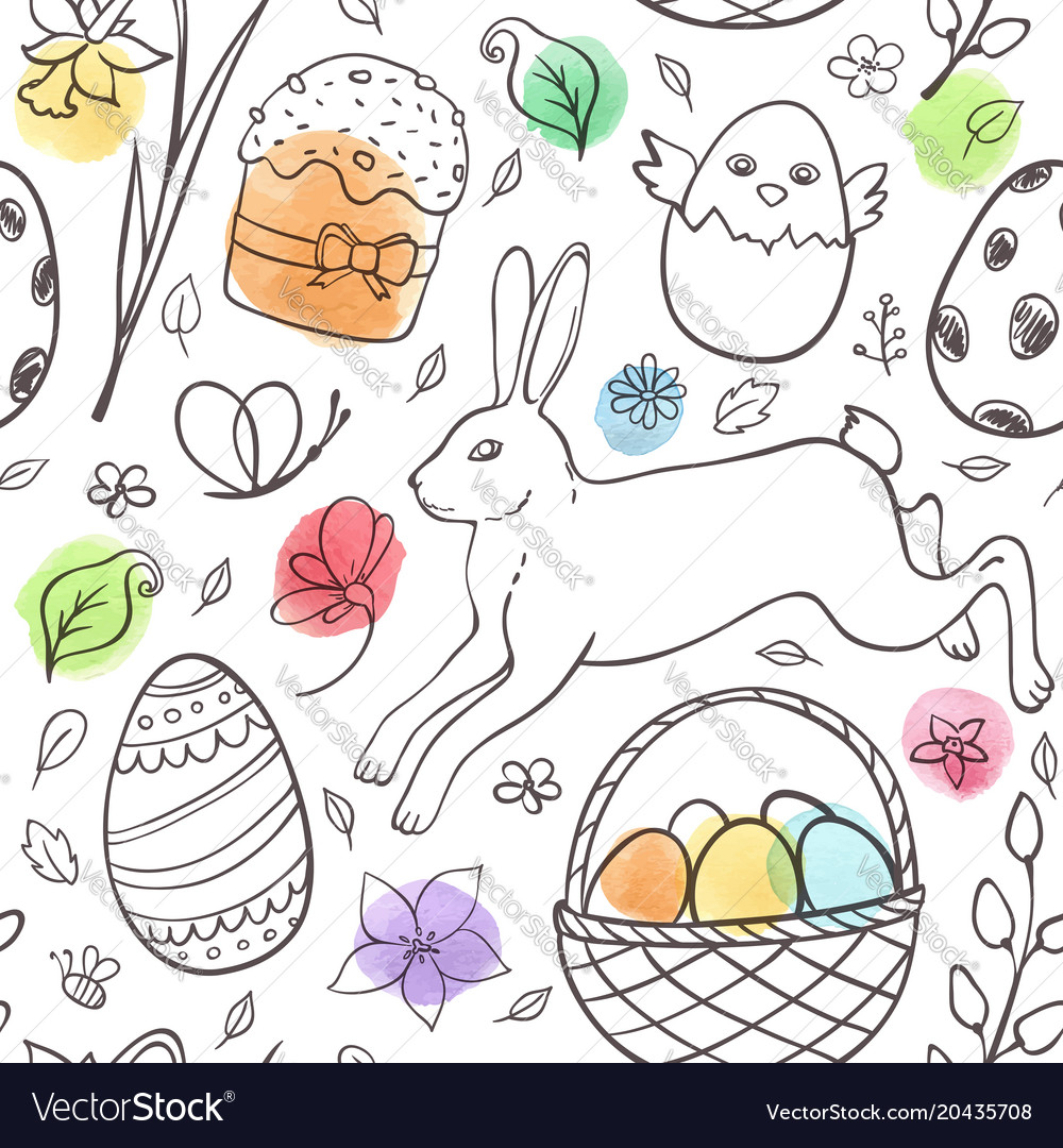 Hand drawn easter pattern with rabbit