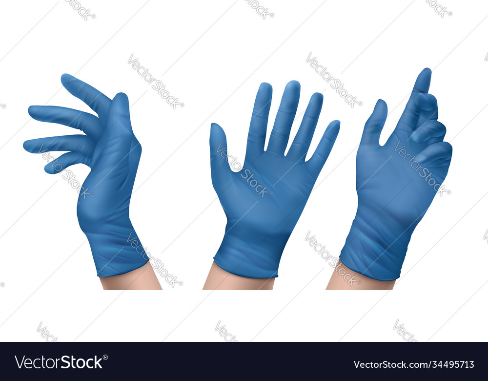 Blue nitrile medical gloves on hands Royalty Free Vector