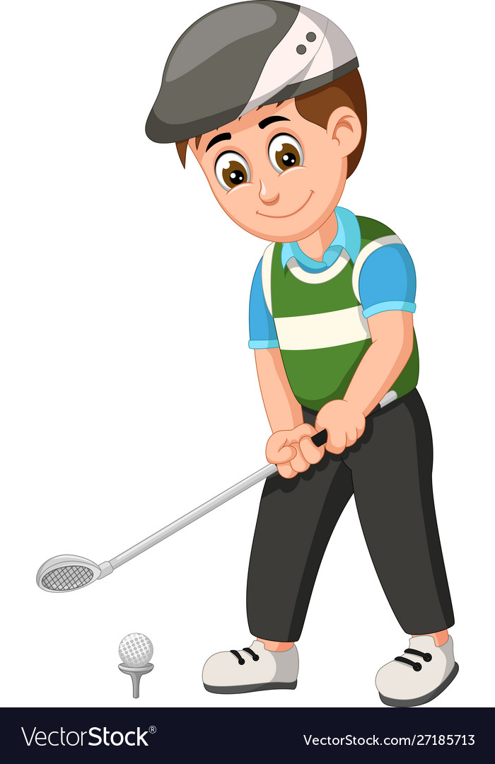 Funny golfer boy wearing green shirt grey hat Vector Image