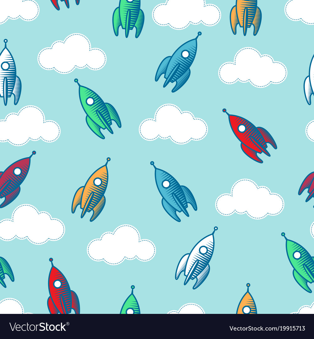 Seamless rockets clouds pattern
