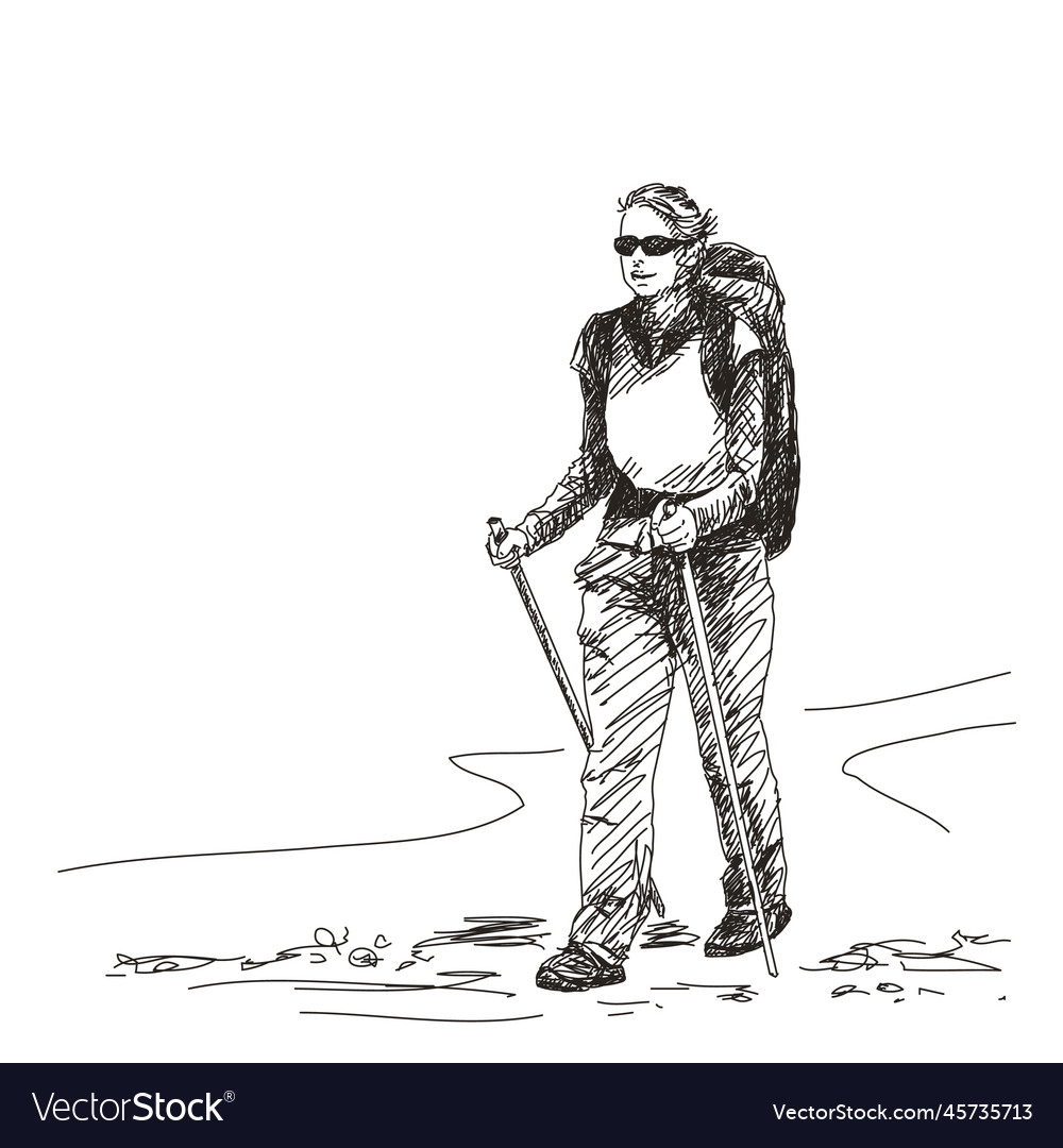 Trekking woman hand drawn