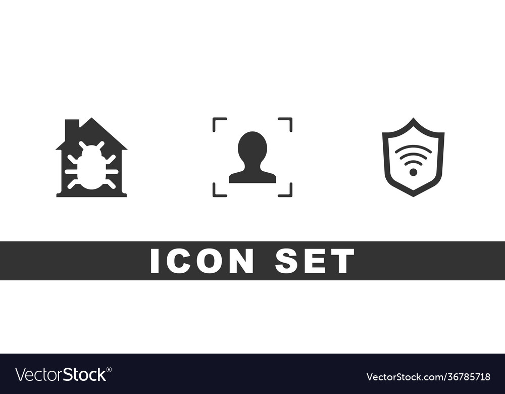 Set house system bug face recognition and shield vector image Set house system bug face recognition and shield