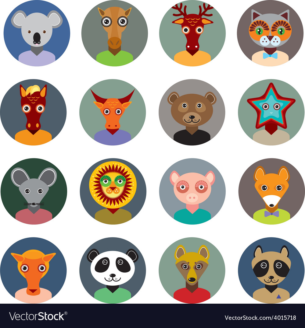 Set of animals faces circle icons in trendy