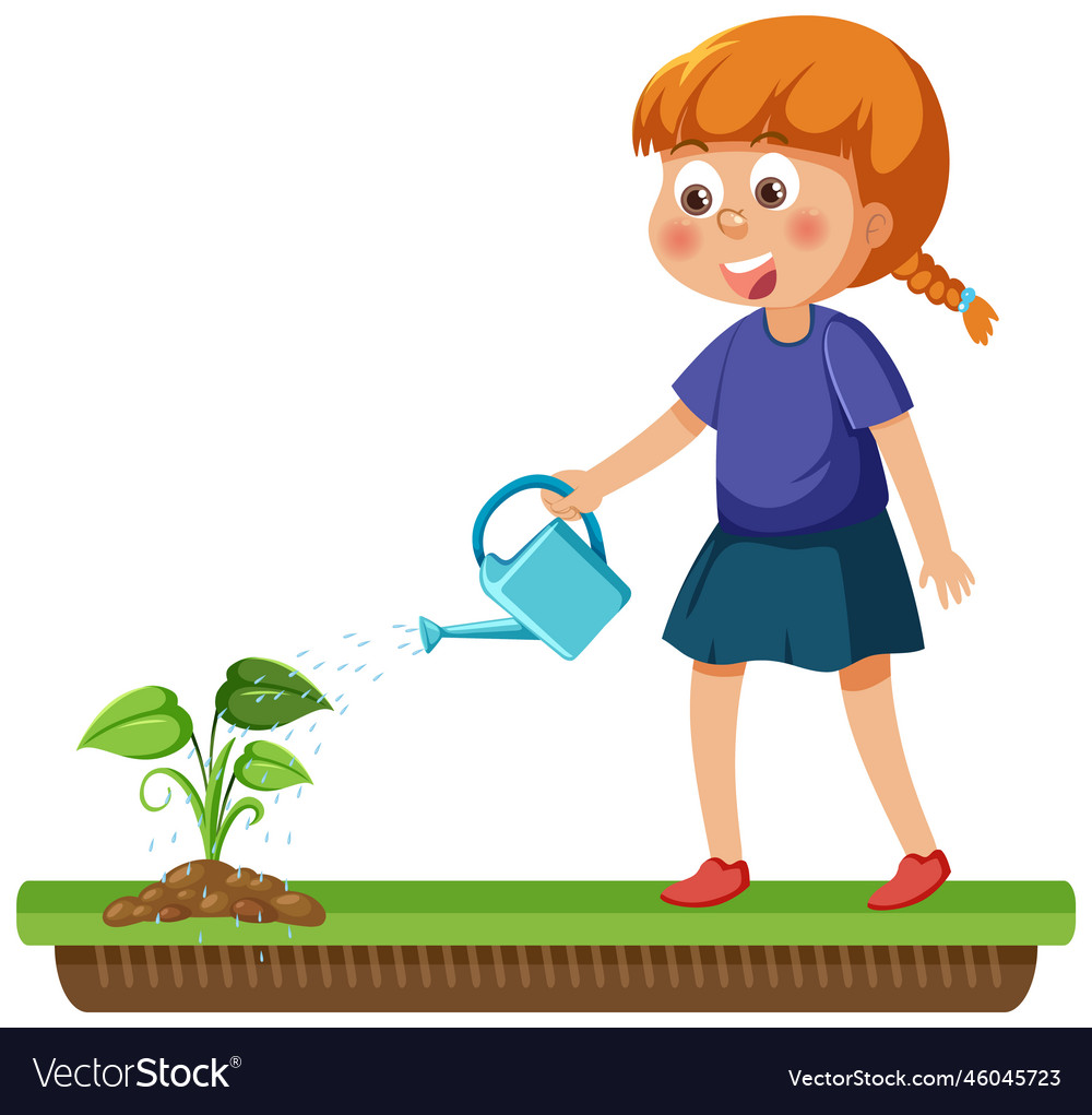 a-girl-watering-plant-in-the-garden-royalty-free-vector