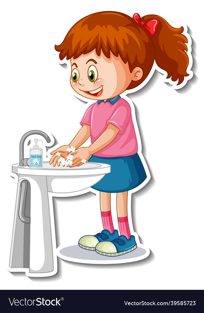 A sticker template with girl washing hands Vector Image