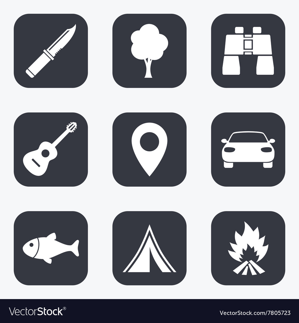 Camping Tourismus Icons Angeln Gitarre Musik