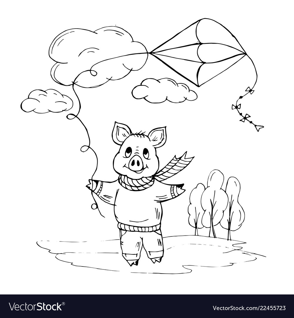 Doodle piggy spielen mit ein kite auf der straße