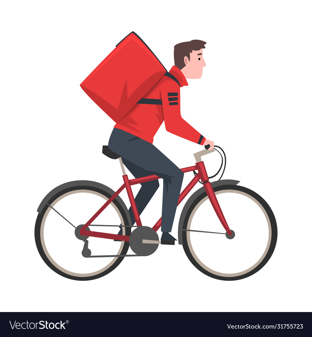 Male courier with bicycle carrying red package