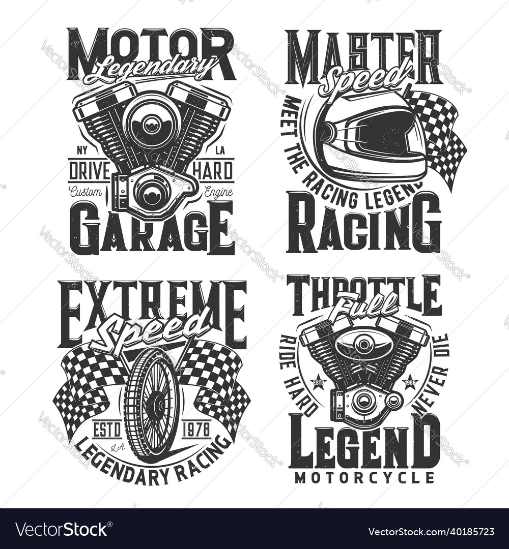 Racing sport and bike repair garage t-shirt prints