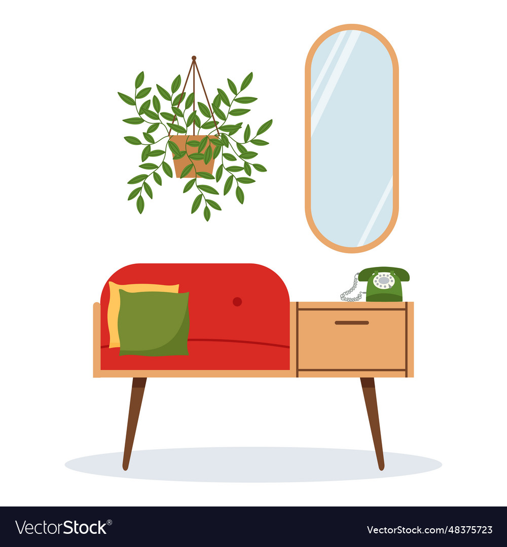 Vintage hallway retro furniture set in 60s style vector image Vintage hallway retro furniture set in 60s style