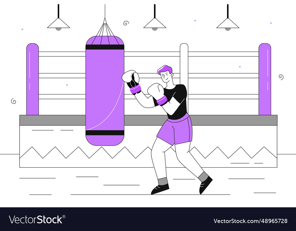 Man with punching bag line concept vector image Man with punching bag line concept