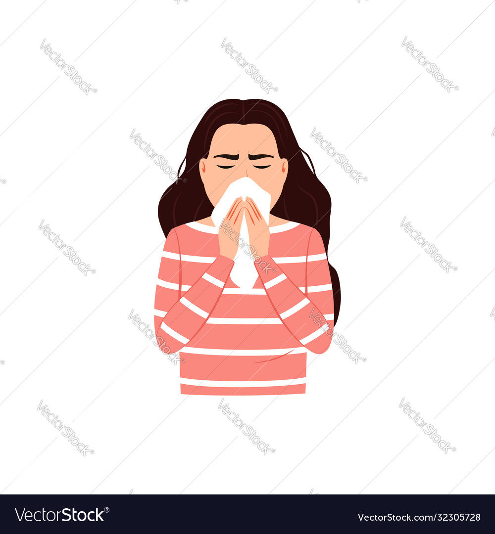 Sneezing woman covers mouth and nose with tissue Vector Image