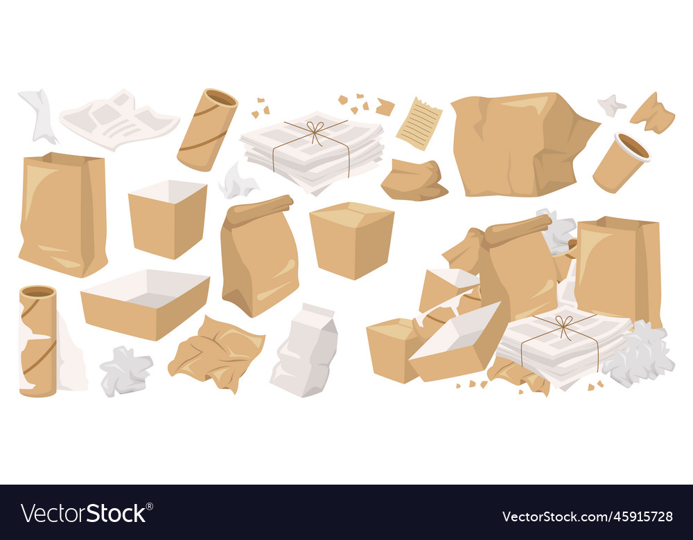 Sorted paper garbage flat icons set cardboard vector image Sorted paper garbage flat icons set cardboard