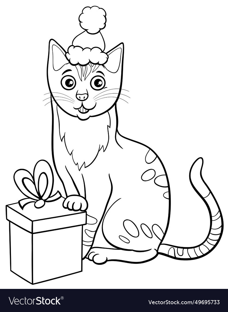 Cartoon cat with present on christmas time Vector Image