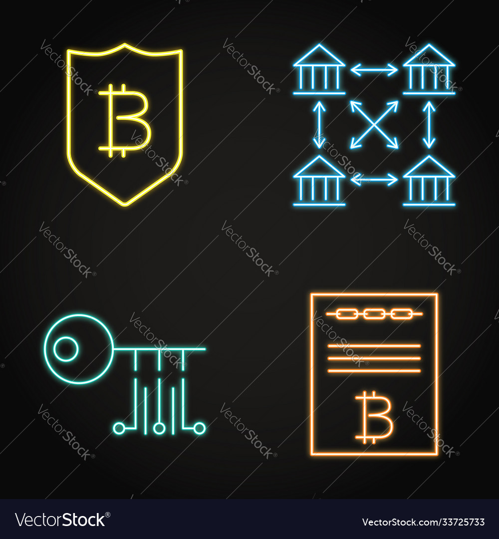 Neon cryptocurrency icon set in line style