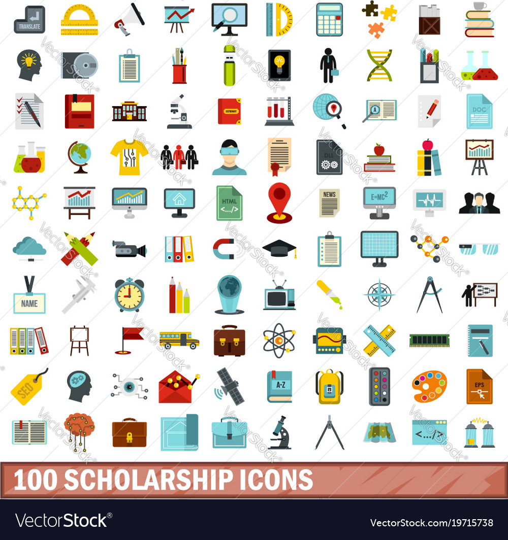 100 scholarship icons set flat style Royalty Free Vector