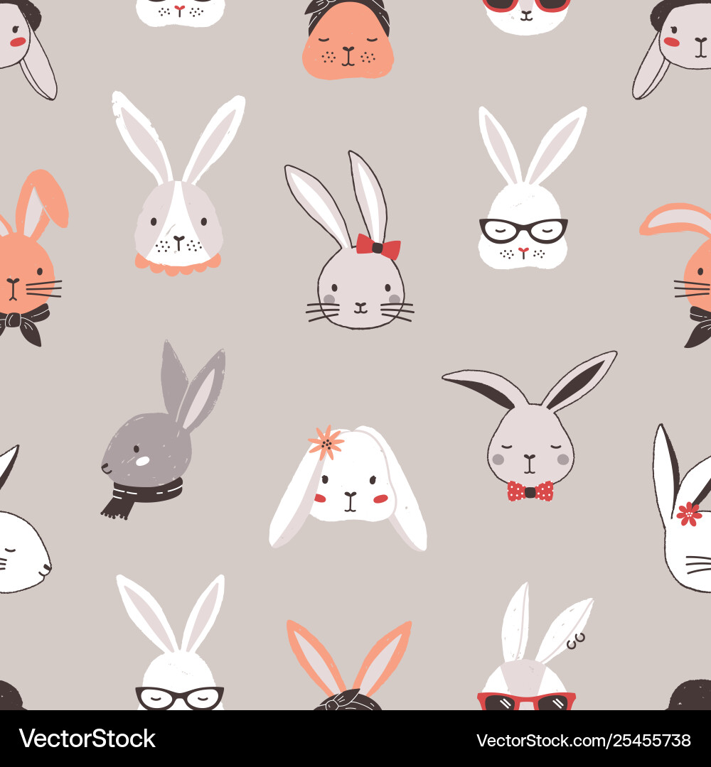 Seamless pattern with rabbit faces on grey Vector Image