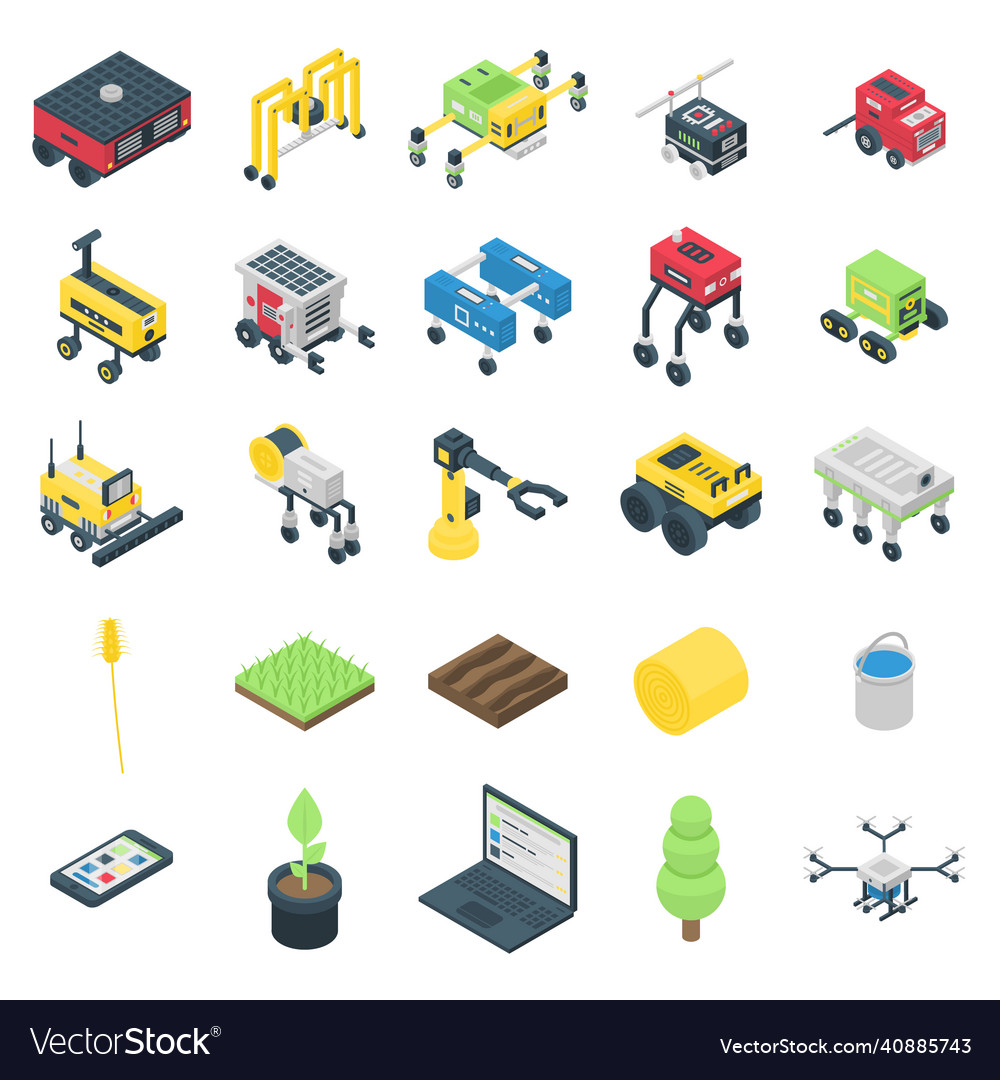 Farming robot icons set isometric style