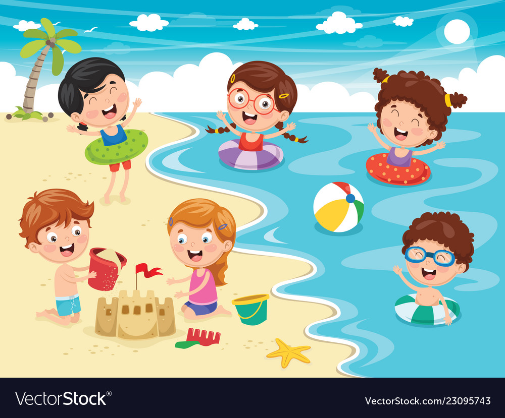 Kids playing at beach and se Royalty Free Vector Image