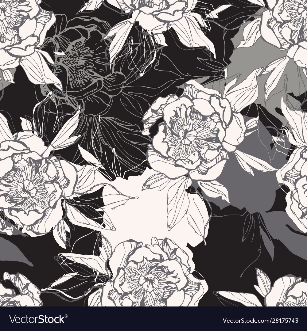 Linienskizze Peonies nahtloses Muster in schwarz vector image Linienskizze Peonies nahtloses Muster in schwarz