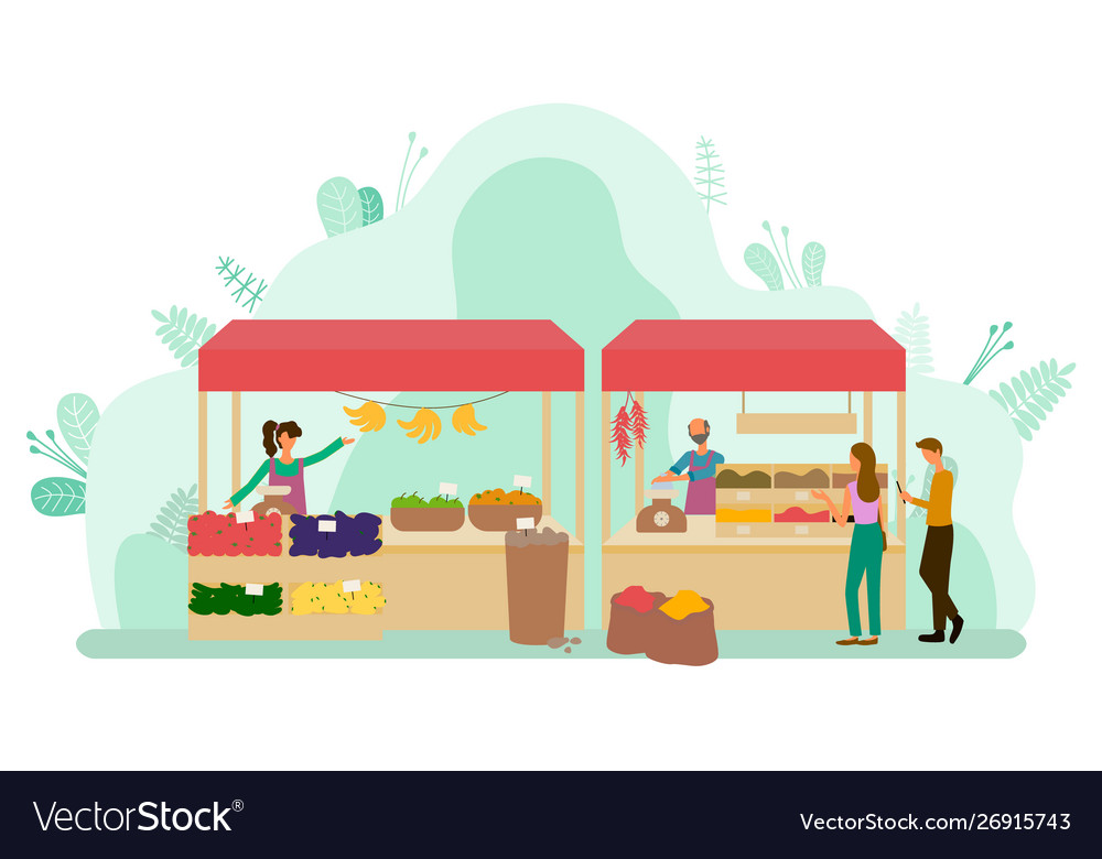 Street market with fruits and vegetables Vector Image