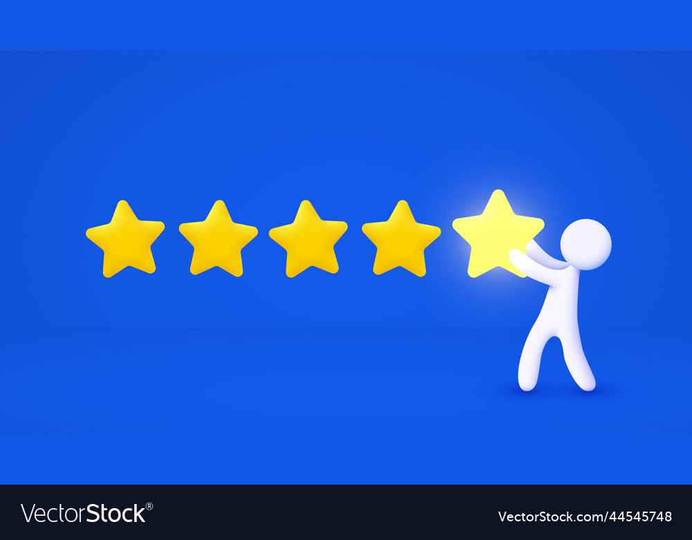 3d white cartoon man pointing five gold star