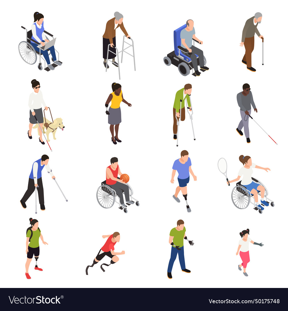 Disabled people isometric set Royalty Free Vector Image