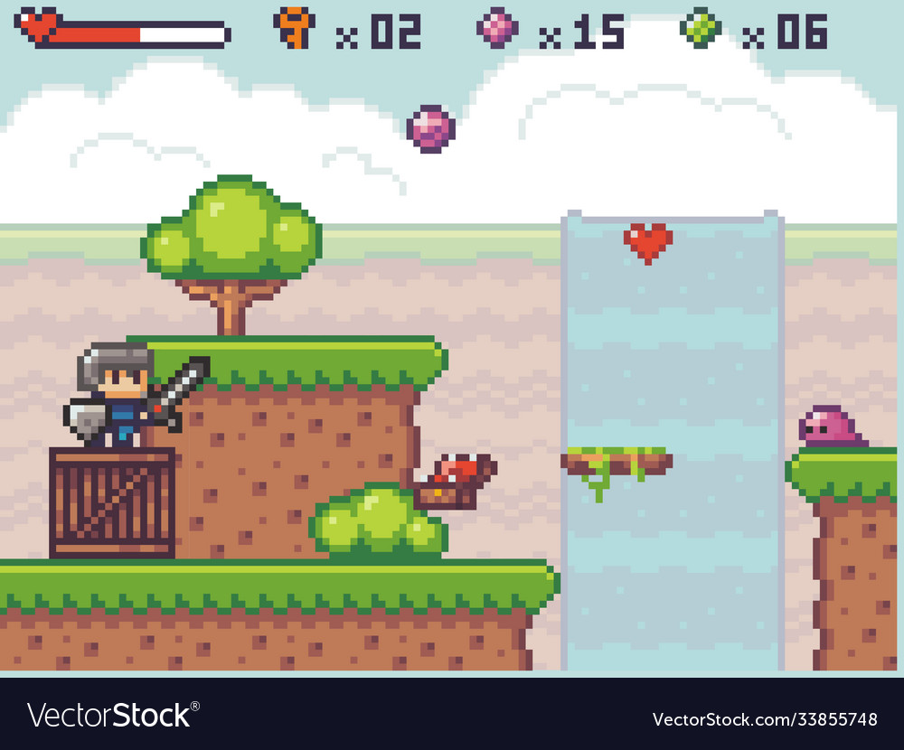 Pixel art style character in game arcade play vector image Pixel art style character in game arcade play