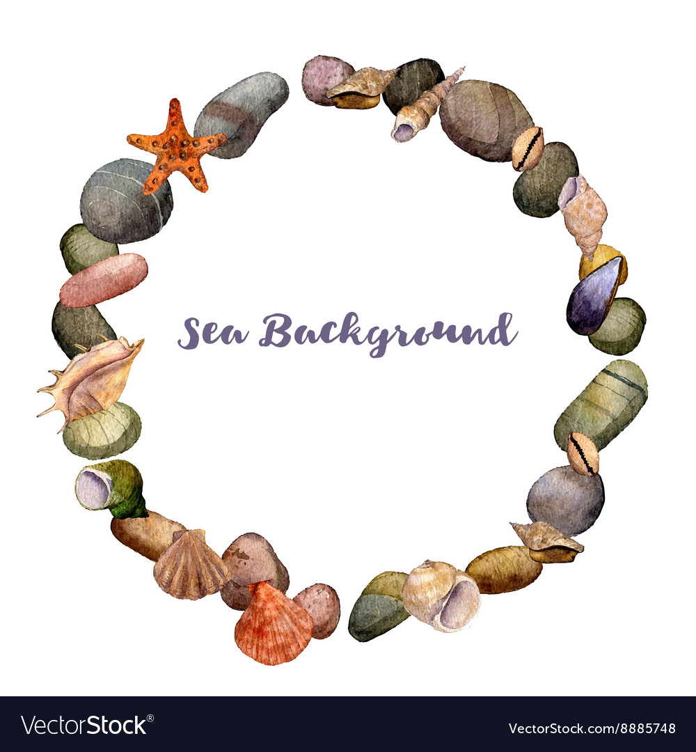 Round frame with watercolor drawing shells Vector Image