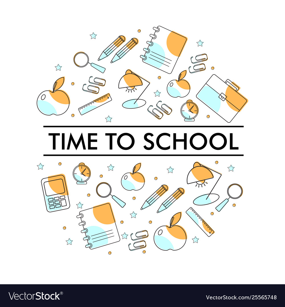 School objects apple clock copybook lamp