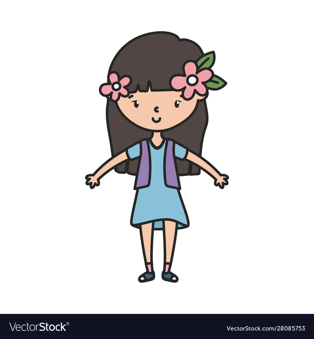 Happy little girl cartoon character with flowers