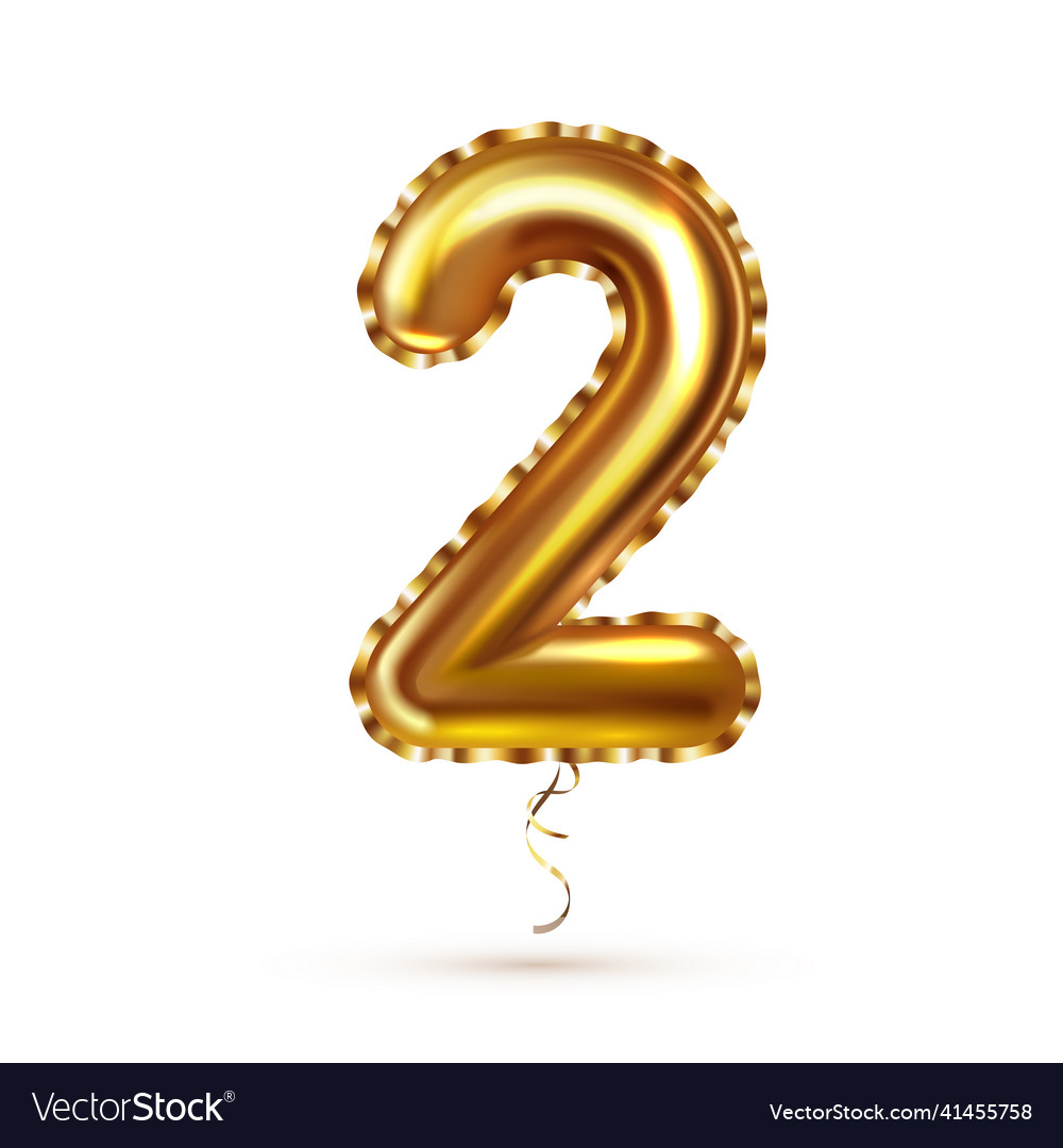 3d realistic golden balloon number two with ribbon