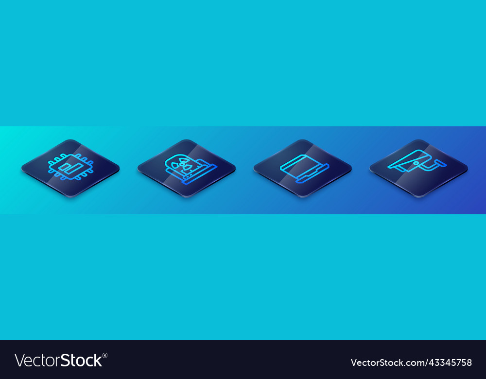 Set isometric line laptop processor cpu security vector image Set isometric line laptop processor cpu security