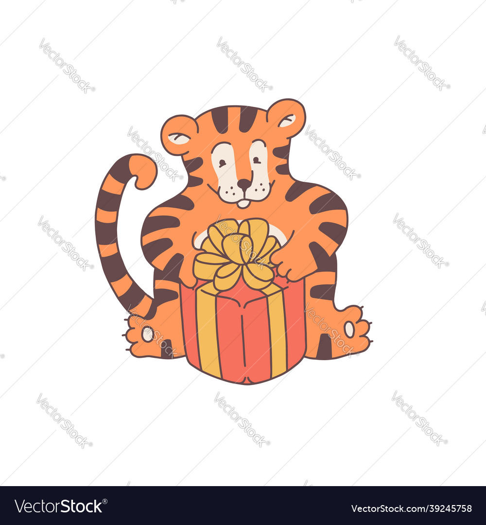Tiger with gift box cartoon outline red cute Vector Image Tiger with gift box cartoon outline red cute Vector Image