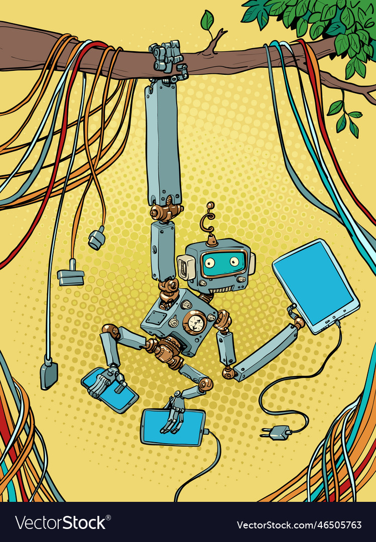 A robot monkey hangs on tree branch while