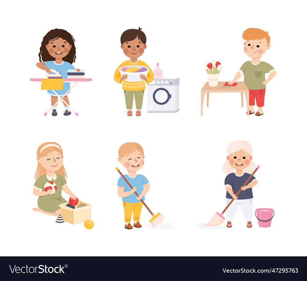 Little boy and girl engaged in cleanup Royalty Free Vector