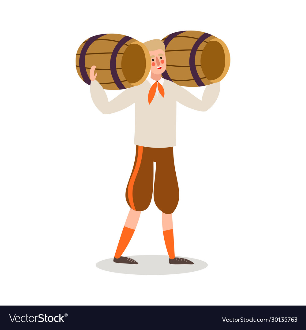 Man waiter carrying fresh beer drink in barrels