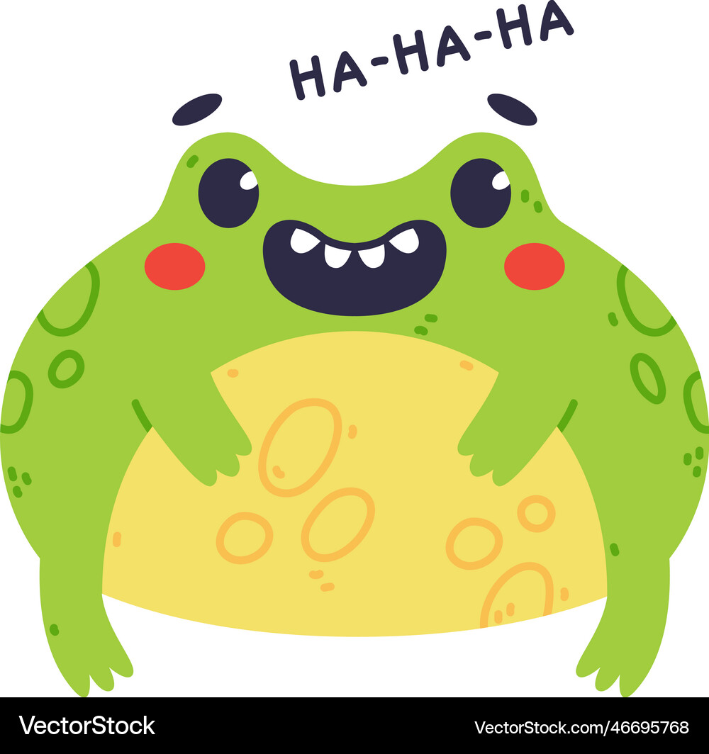 Cute fat green frog or toad character laughing out